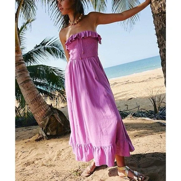 Free People | Dresses | Nwot Free People Lush Life Linen Strapless Midi  Dress Tropical Vacation Summer | Poshmark
